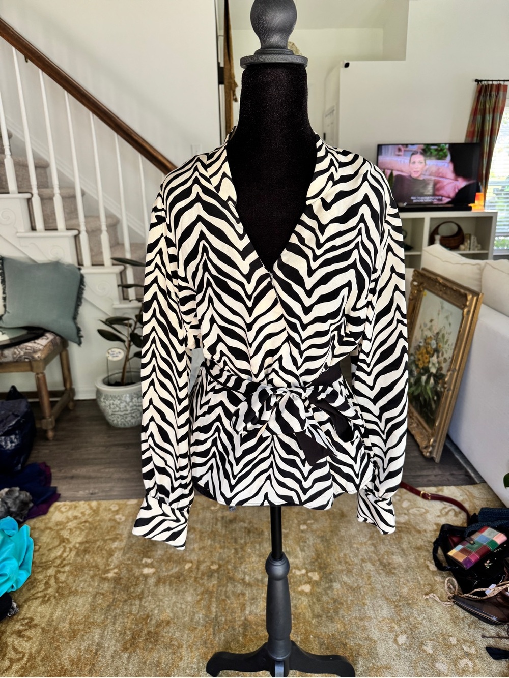 Talbots Black & White Zebra-Print Wrap Blouse
